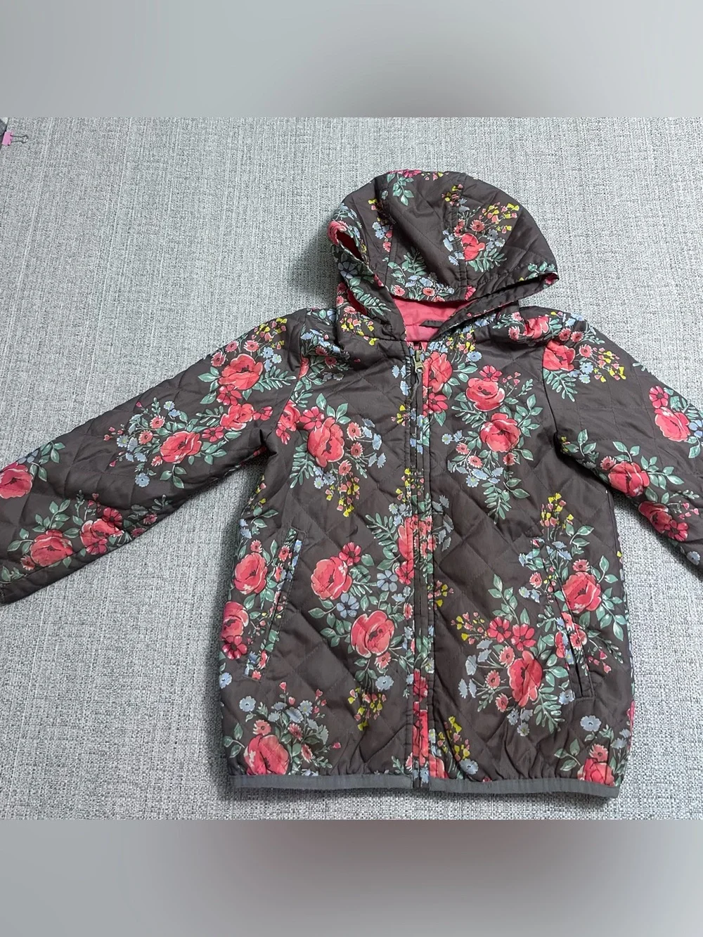 Carters’s Girls' Floral Hooded Quilted Jacket - Brown with Pink Flowers. Size M
